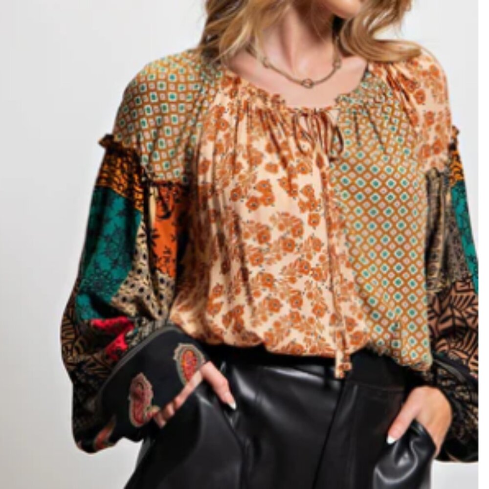 easel Multicolor Boho Patchwork Peasant Blouse - Teal, Rust, Cream